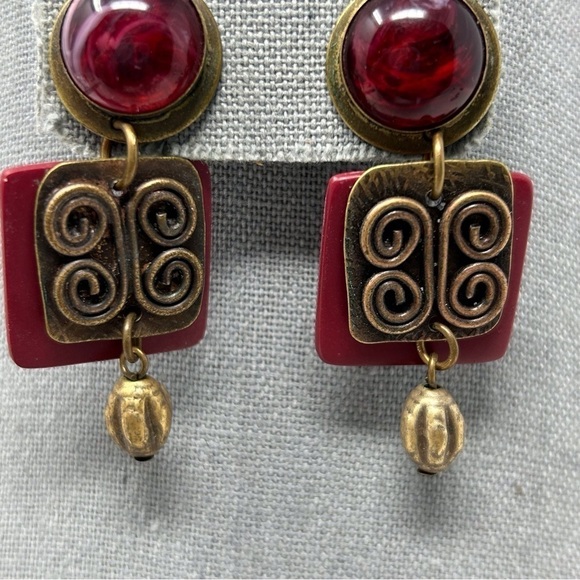 Boho Red Swirl Stud Dangle Earrings with Bronze Swirl Knotted Design Unique - Picture 4 of 8
